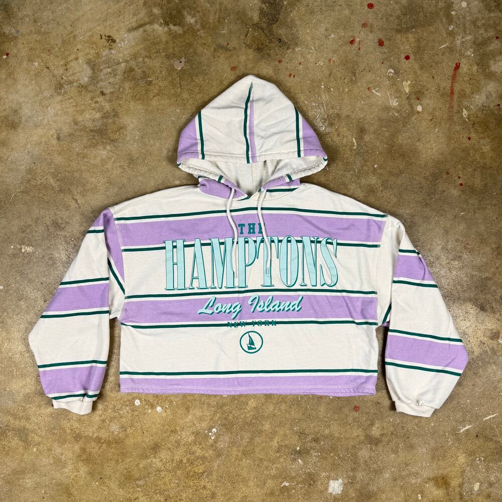 Public Library Cropped Hoodie XS The Hamptons Long Island Striped Purple White‎